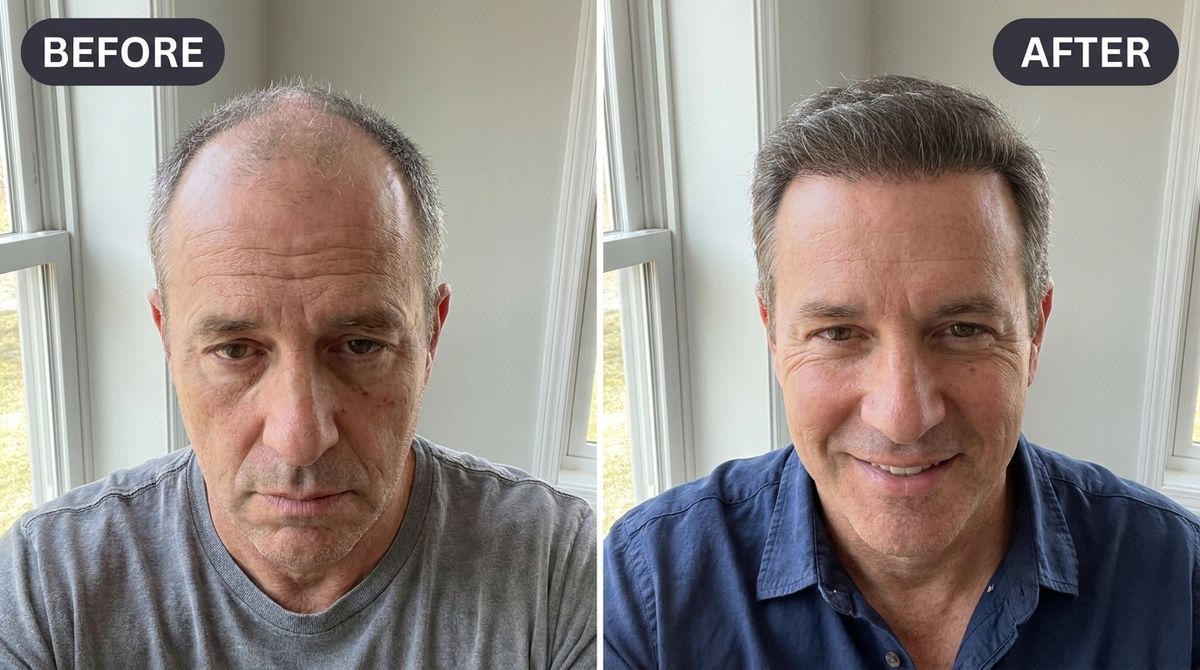 ONE wide HORIZONTAL 16:9 image split by a clean vertical center line into two halves, both candid amateur phone photos s