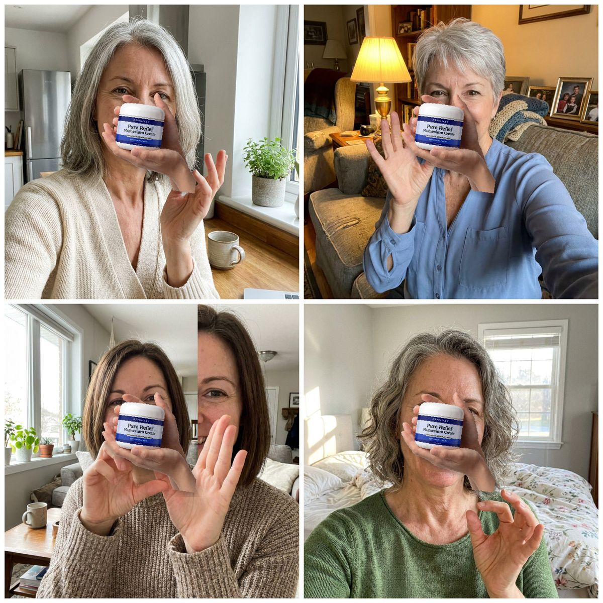 A single SQUARE 1:1 image that is a clean 2x2 GRID of FOUR separate phone-selfie tiles (2 across, 2 down) with thin whit