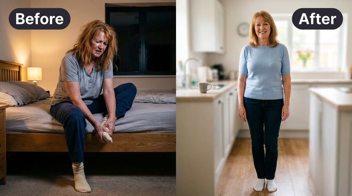A WIDE HORIZONTAL 16:9 before-and-after image split by ONE clean vertical line down the middle, both halves candid amate