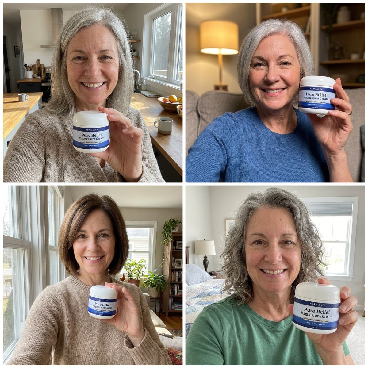 A single WIDE HORIZONTAL 16:9 image that is a clean GRID of SIX separate phone-selfie tiles (3 across, 2 down) with thin