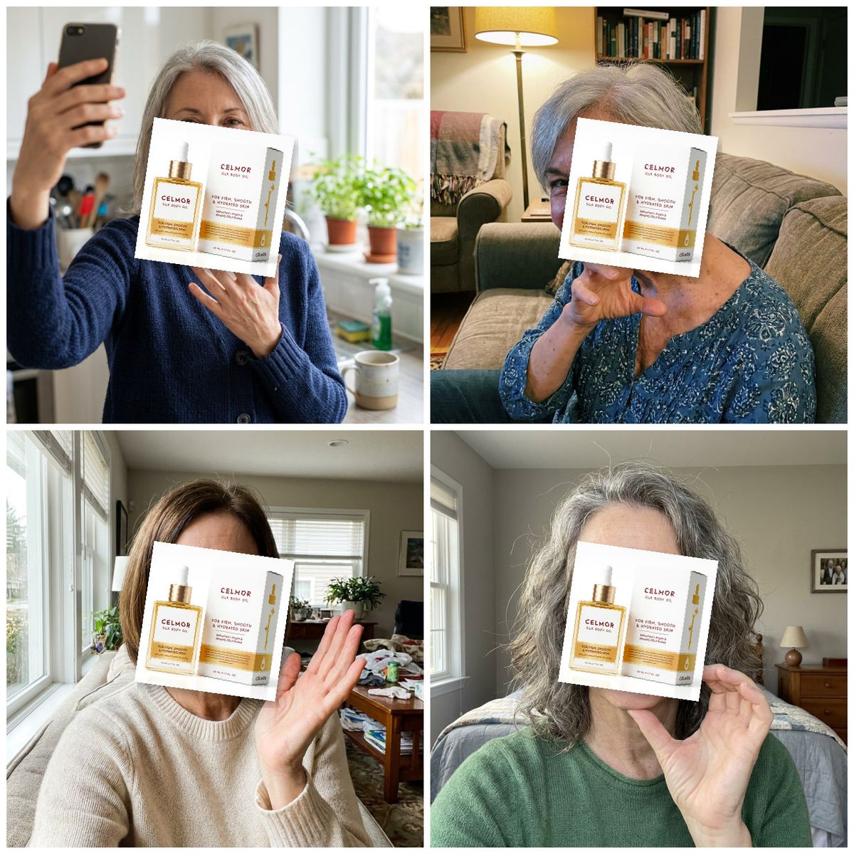 A single SQUARE 1:1 image that is a clean 2x2 GRID of FOUR separate phone-selfie tiles (2 across, 2 down) with thin whit